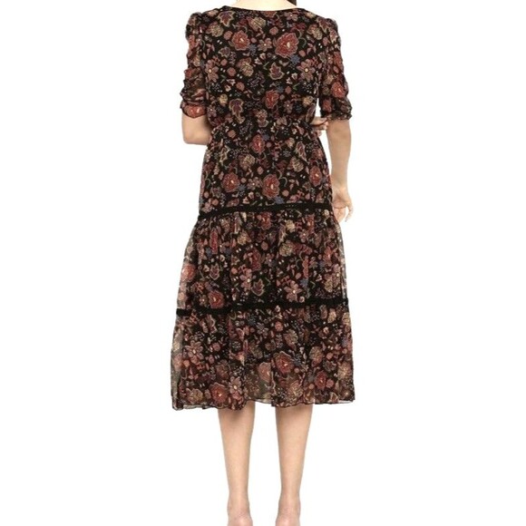 Antheaa Womens Medium Floral Midi Dress Ruffle Sleeve Tiered Pleated Puff Sleeve - Picture 2 of 13